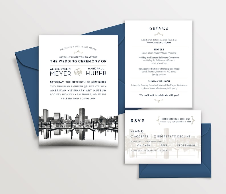 Baltimore Maryland City Skyline 5-Piece Wedding Invitation Package