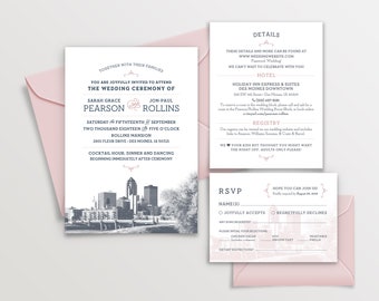 Des Moines, Iowa City Skyline 5-Piece Wedding Invitation Package