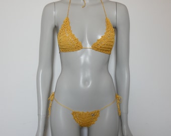 Yellow crochet bikini with a sexy micro thong