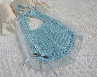Crochet bib with lace | Turquoise baby bib