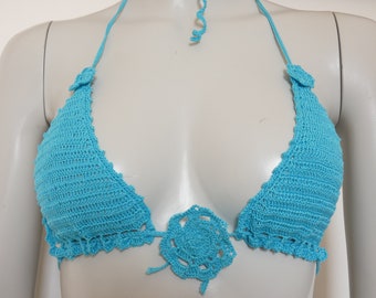 Turquoise crochet bikini with a sexy micro thong