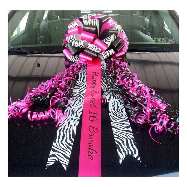 Large Car Bow Black White Zebra n Hot Pink Ribbon - USA Made Bow Product - Free print and Fast Ship