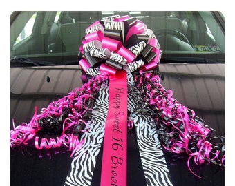 Large Car Bow Black White Zebra n Hot Pink Ribbon - USA Made Bow Product - Free print and Fast Ship