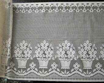 Window Curtain Cafe Style 24" Drop Vintage Cafe Style Flower Pots Design,  Ivory Color Elegant Luxurious Brise-Bise Sold Per Yard