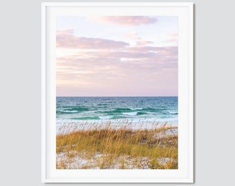 May include: A photograph of a beach scene with tall grass in the foreground, white sand, and a blue ocean with waves. The sky is a soft pink and purple.