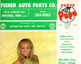 Pin in Up girl art Parts Pup Fisher Auto parts catalog July 1989 NAPA OHIO ephemera