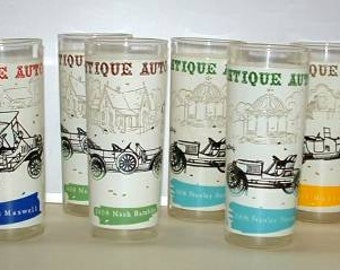 Set 8 antique Auto Cars drinking glasses 6.5" tall