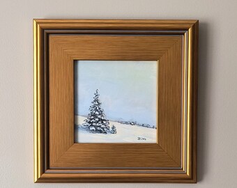 Tree in the Snow -Tranquil Snowy Scene-  Original Painting 6x6 Wood Panel