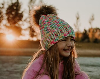 PRE-ORDER - 100% Peruvian Wool Toque, Womens and Kids Winter Hat - Neon Marshmallow