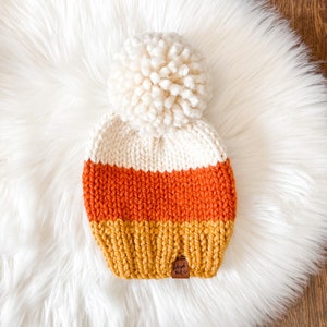 Halloween Knit Hats, Skull Knit Beanie, Fall Knit Beanie, Fall Toque, Adult Halloween Hat, Knit Hats for Kids, Knit Chunky Hat for Babies Candy Corn