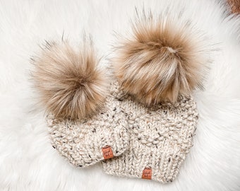 CUSTOM ORDER - Etta Toque, Womens Winter Hat, Knit Slouchy Hat, Faux Fur Pom pom Hat, Chunky Knit Hat, Cream Knit Hat, Slouchy Hat,