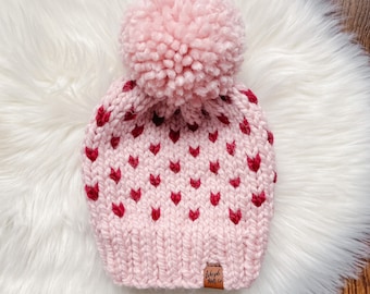 Valentines Day Knit Winter Hat for Kids and Baby, Heart Beanie, Winter Toque for Women