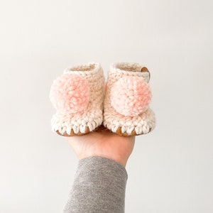 BABIES First Pompom Booties, Crochet Baby Boots, Baby Crib Shoes, Baby Slippers, Baby Gifts, Shower Gift image 3