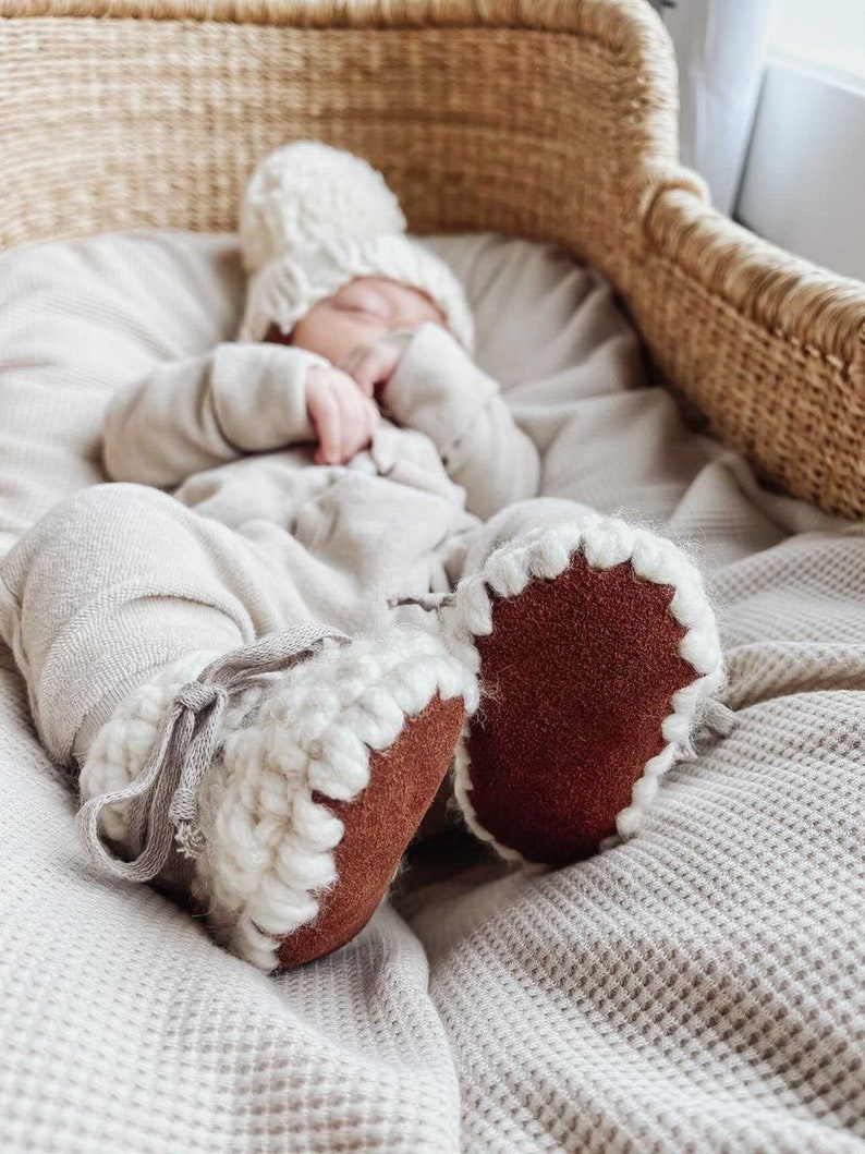 Suede Sole Baby Booties, Baby Gift, Infant Slipper, Newborn Girl/Boy Gift, Baby Photo Prop, Pregnancy Announcement, New Mama Gift image 2