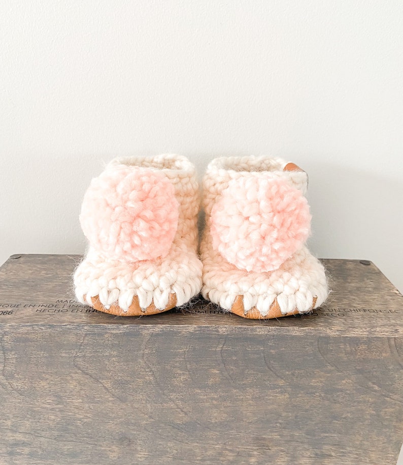 BABIES First Pompom Booties, Crochet Baby Boots, Baby Crib Shoes, Baby Slippers, Baby Gifts, Shower Gift image 5