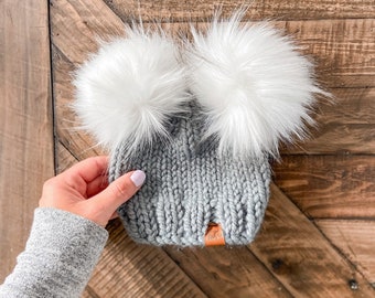 Double Pom Winter Knit hat for baby and kids, Winter knit toque for kids