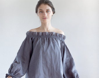 Off shoulder linen tunic for hot weather, off shoulder linen top, linen blouse, oversized linen shirt from lightweight linen