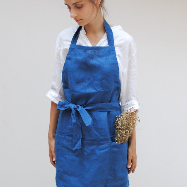 Full linen apron with pockets from heavyweight linen, linen kitchen apron, linen aprons for women, natural linen apron, linen gift