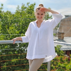 White linen tunic with pockets, linen womens clothing, linen tunic dress, oversized linen tunics, linen top for women