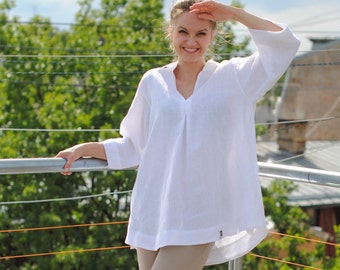 White linen tunic with pockets, linen womens clothing, linen tunic dress, oversized linen tunics, linen top for women