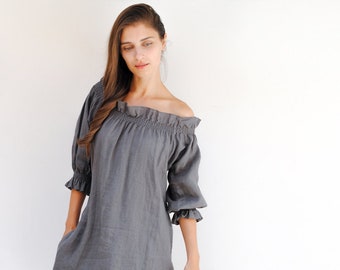 Off shoulder linen dress, ruffled linen dress, oversized dress, linen dress plus size, washed linen dress