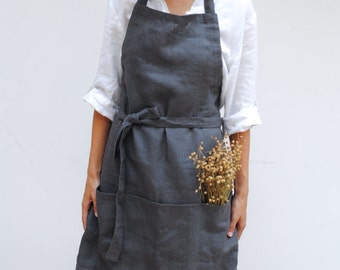 Linen kitchen apron with pockets from heavyweight linen, linen woman apron, natural linen apron, linen gift
