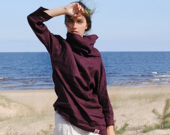 High neck linen tunic, linen tunic for women, linen tunic in bordo