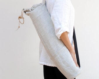 Linen yoga mat bag, linen yoga bag with pockets