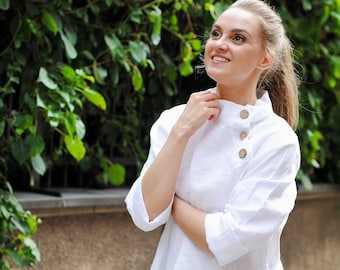 White Linen Tunic: Diagonal Collar Long Sleeve Shirt