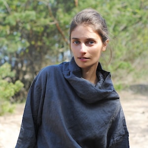High Neck Linen Tunic: Oversized Washed European Linen Top