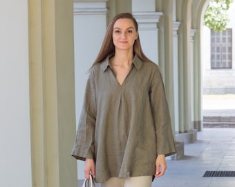 Khaki green linen tunic with pockets, linen womens clothing, linen tunic dress, oversized linen tunics, linen top for women