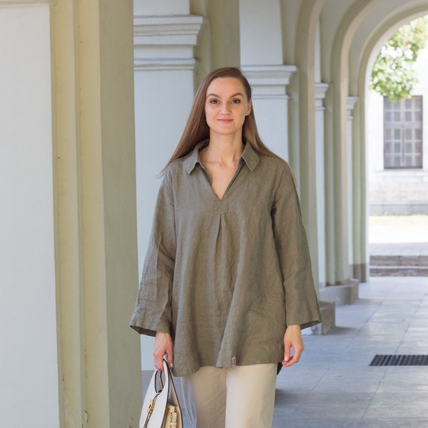 Khaki green linen tunic with pockets, linen womens clothing, linen tunic dress, oversized linen tunics, linen top for women