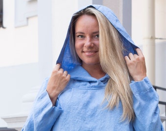 Hooded linen tunic in Arctic blue, linen sweatshirt, loose fit hoodie, hooded shirt, plus size linen tunic, beach tunic