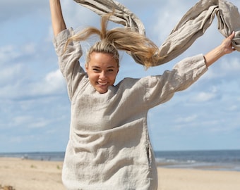 Plus Size Linen Tunic Top: Lightweight Natural Linen with Pockets