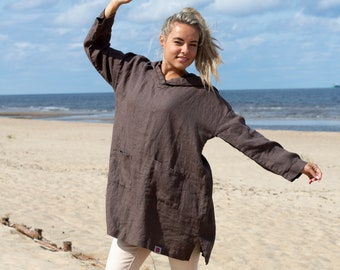 Hooded linen tunic dress with front pockets, linen sweatshirt, loose fit hoodie with sleeves, linen hoodie, oversized tunic