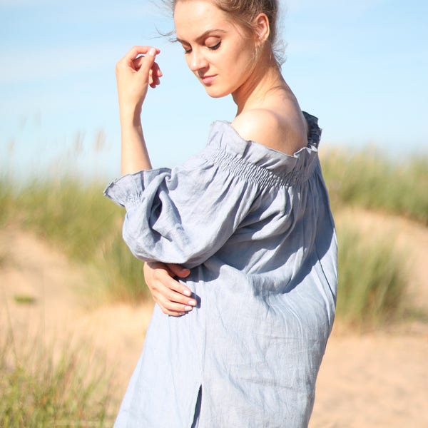 Off shoulder linen dress, linen dress for women, oversized linen dress, ruffled sleeves dress, plus size linen dress, washed linen dress