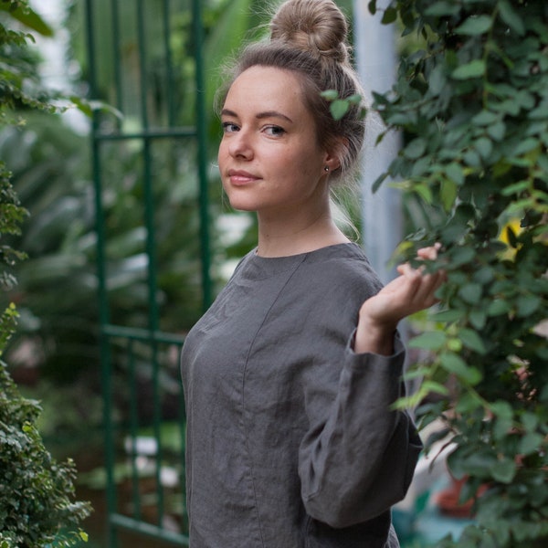 Loose sleeves linen top in gray, oversized linen tunic in gray color, relaxed fit linen top