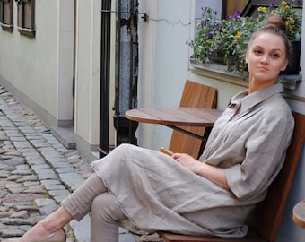 Linen Summer Dress: Natural Beige with Linen Lace Embroidery