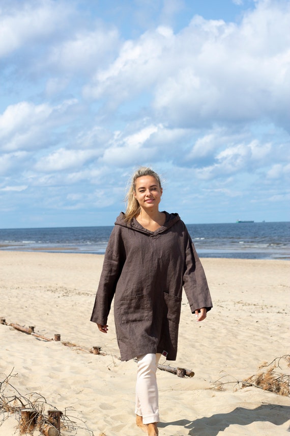 Hooded Linen Tunic Dress With Front Pockets Linen Sweatshirt - Etsy