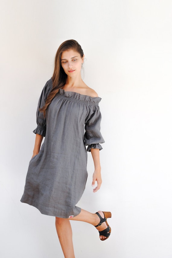 Off Shoulder Linen Dress, Ruffled Oversize clothes