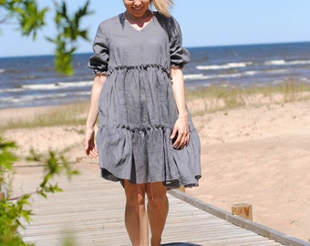 Ruffled linen dress from lightweight linen, oversized dress, linen dress plus size, washed linen dress, loose linen dress