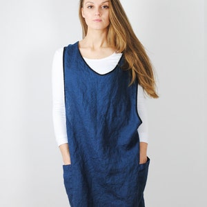 Linen cross back apron, french blue linen pinafore, linen apron dress, linen pinafore with pockets, linen kitchen apron, full linen apron