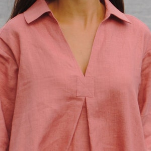 V neck linen blouse with pockets, linen loose fit tunic, linen tunic dress for women, linen summer top, linen blouse, linen shirt, image 2