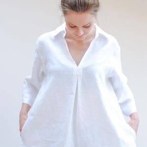 V neck linen blouse with pockets, linen loose fit tunic, linen tunic dress for women, linen summer top, linen blouse, linen shirt, image 7