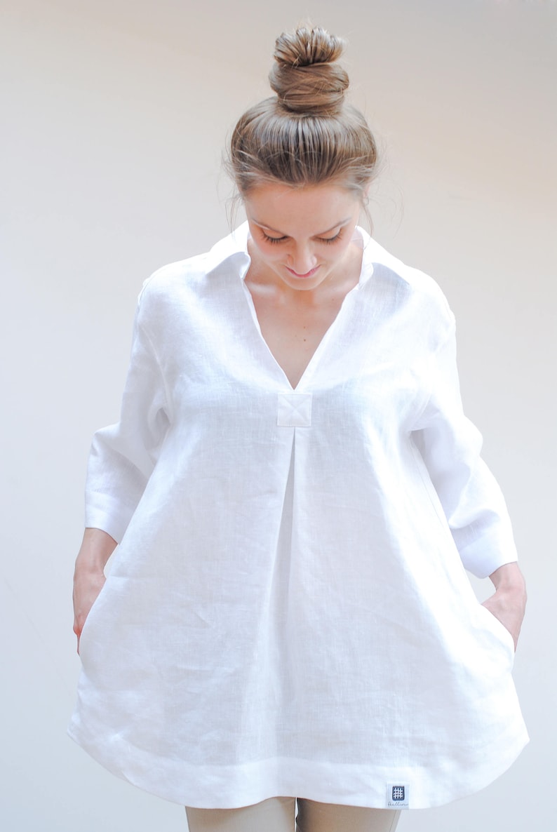 V neck linen blouse with pockets, linen loose fit tunic, linen tunic dress for women, linen summer top, linen blouse, linen shirt, image 7