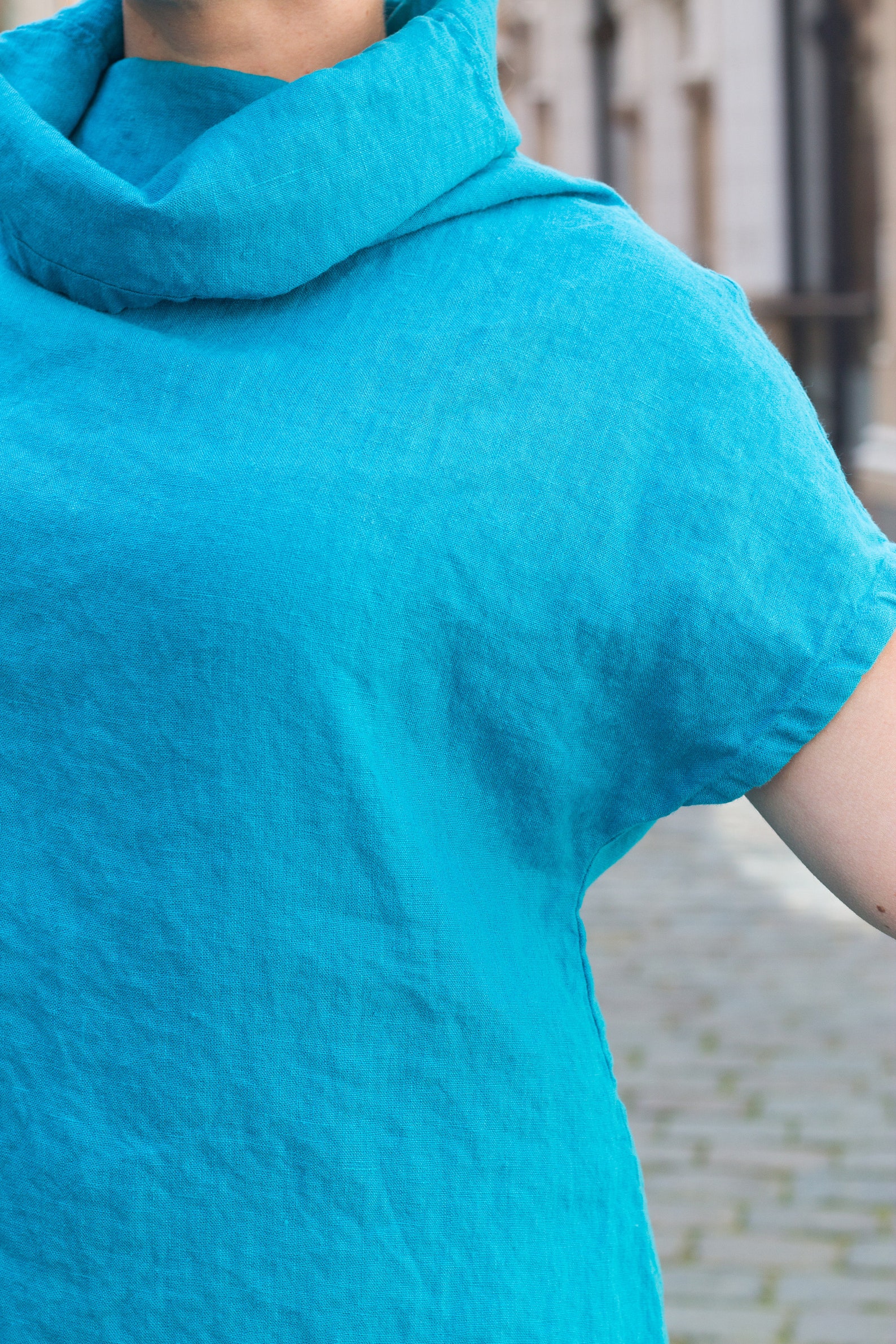 Turquoise High Neck Linen Tunic, Linen Top Women, Linen Tunic Short