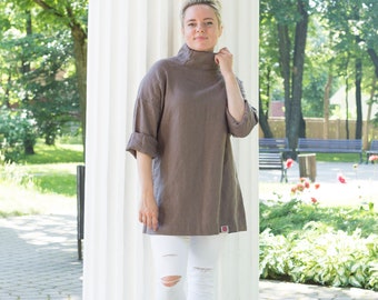 Cappuccino high neck linen tunic, linen top women, linen tunic short sleeves, casual linen top with collar