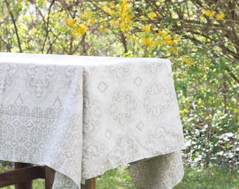 Natural Linen Tablecloth, Damask Jacquard, Heavyweight Linen