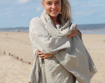 Handmade Lightweight Linen Scarf: Long Stone Washed Fringed Shawl