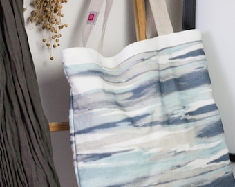 Reversible Linen Tote Bag: Large Beach Bag with 'Sea' Print